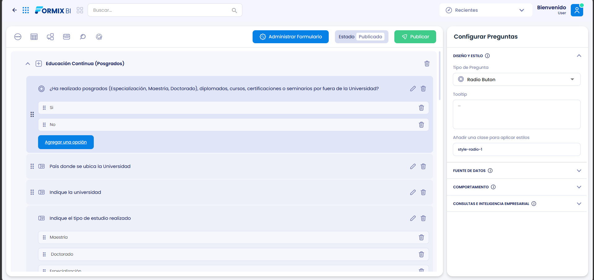 Editor de formularios de FormixBI: preguntas anidadas de un formulario de educación continua junto al panel de configuración de tipo de pregunta, fuente de datos y comportamiento.