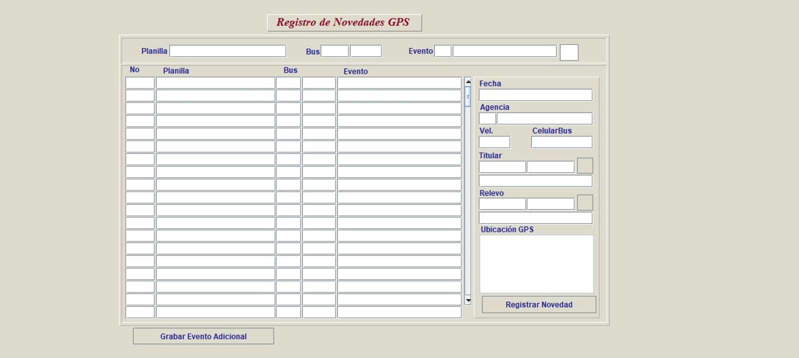 El formulario "Registro de Novedades GPS" en Oracle Forms, con su interfaz de escritorio original.